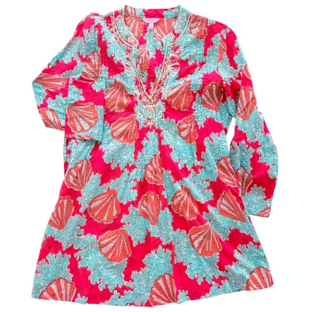 Lilly Pulitzer Tunic Beaded Sarasota Seashell Carolina Large Cotton Red Blue